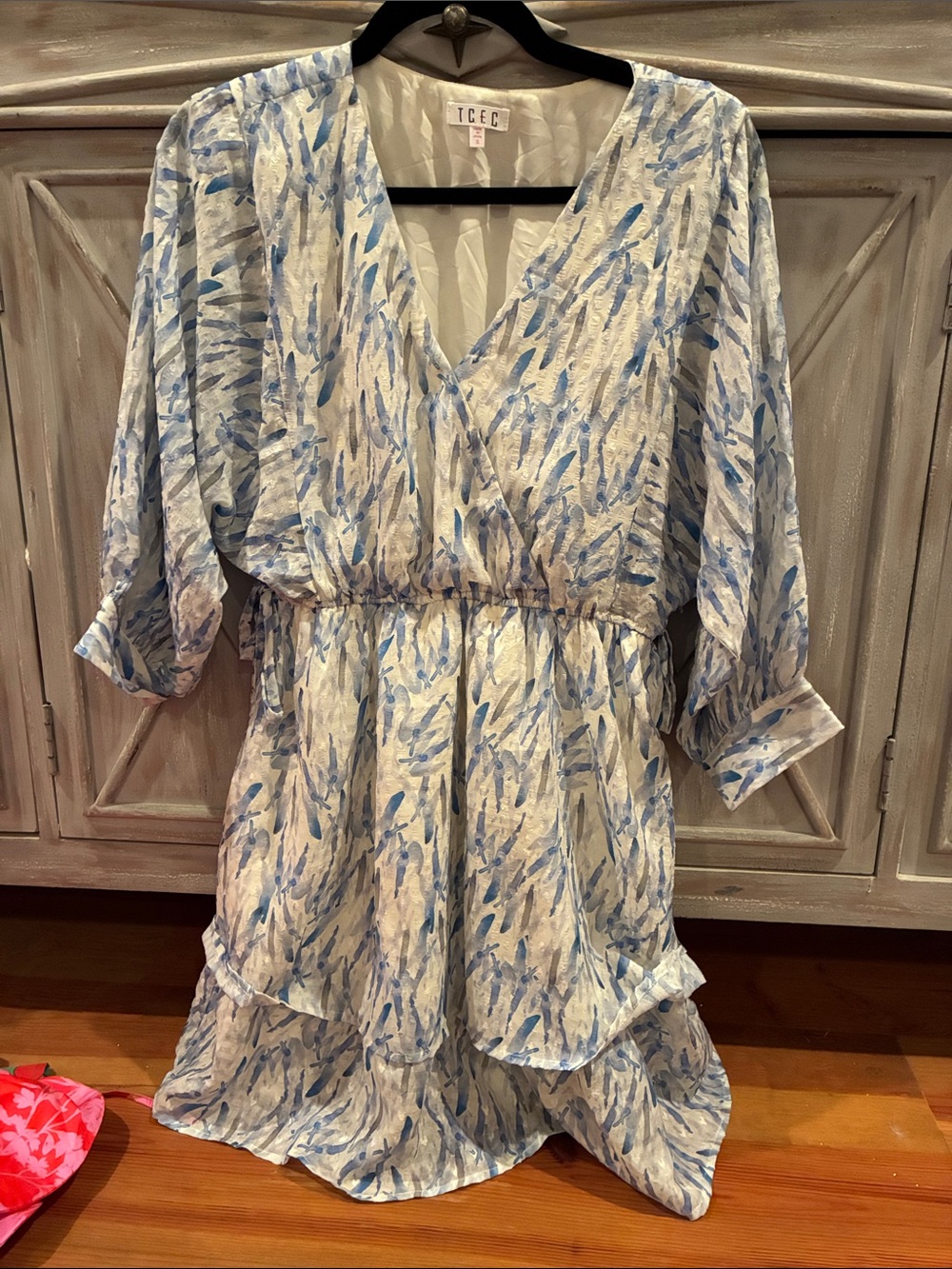 TCEC Blue and White Watercolor-Print V-Neck Dress